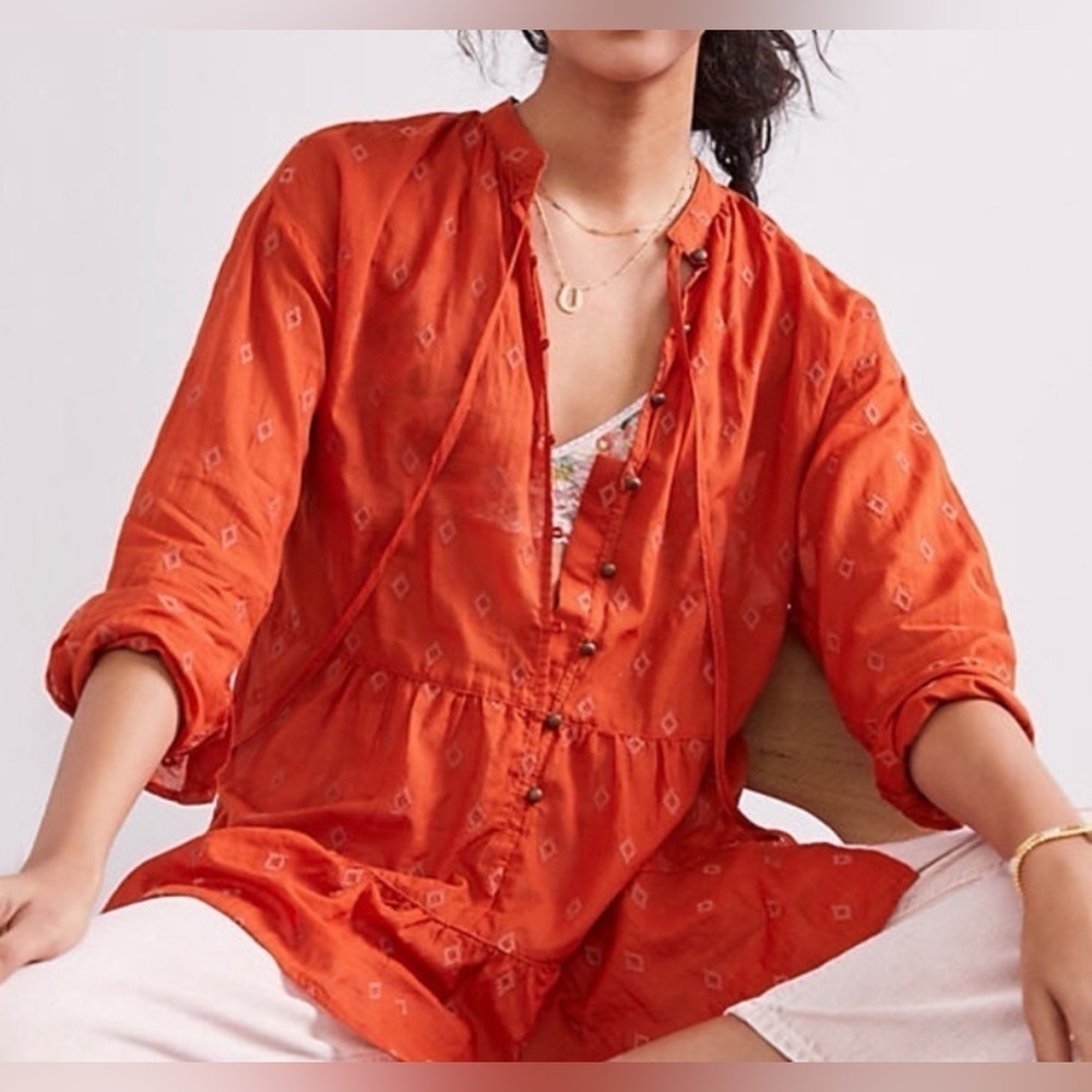 Anthropologie Pilcro Tiered Embroidered Tunic Top, 100% Cotton, Dark Orange